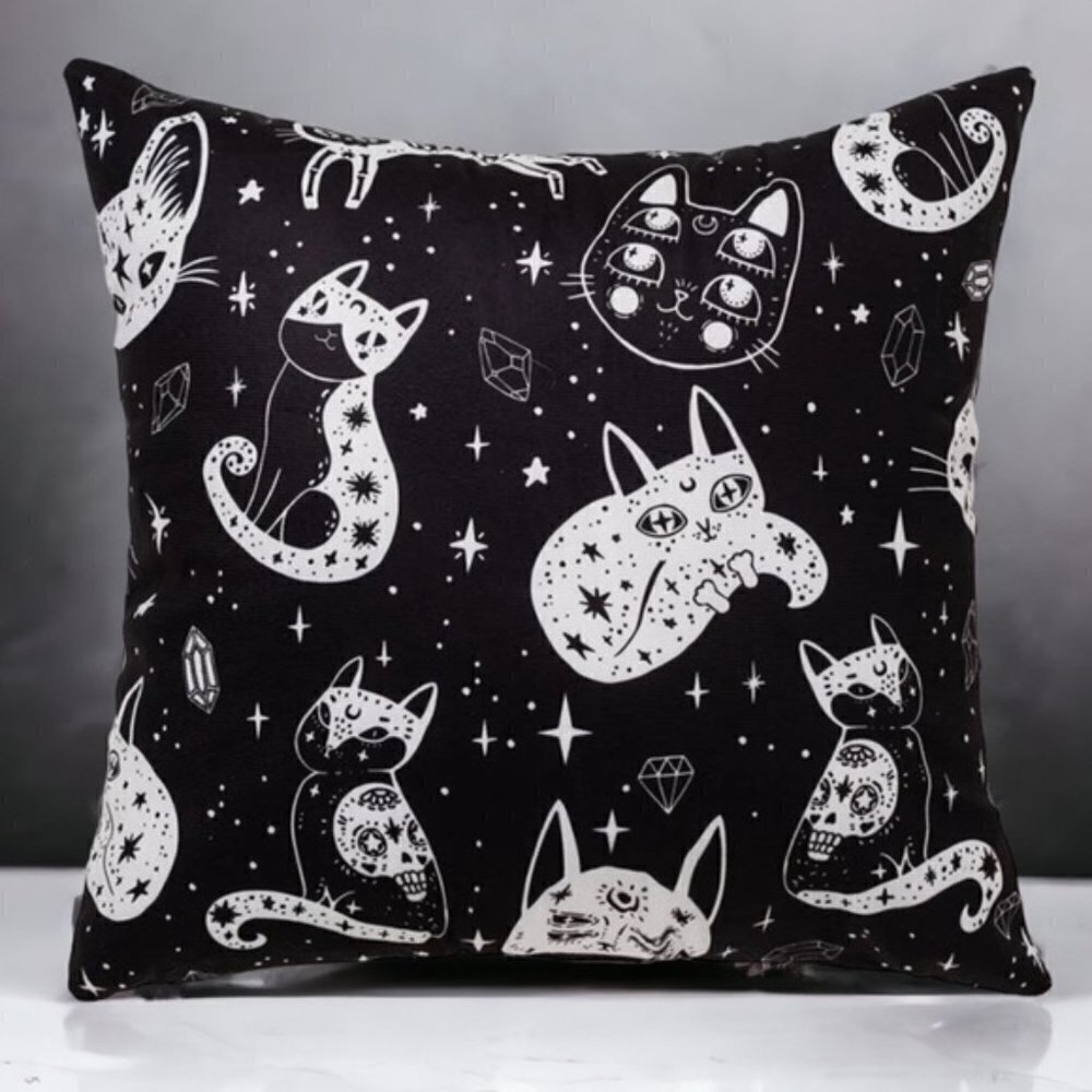 Pillow Cover Celestial Cat Moon Stars Black White Large Square 17.7 in